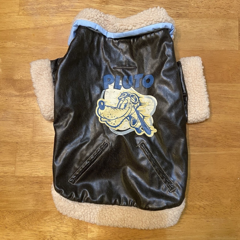 Disney Pets Dog Coat Pluto Large Faux Leather Aviator Brown Jacket Fleece Trim L